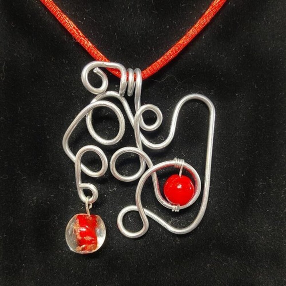 Unique Stainless Steel Twisted Necklace on Satin Cord with Red Glass Beads